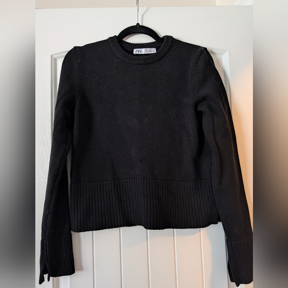 Zara Black Rib-Hem Crewneck Sweater - Women's